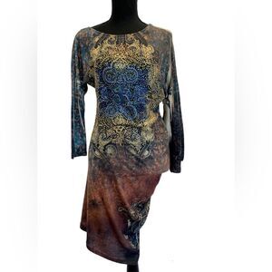 MULTICOLOURED rhinestone embellished stretchy soft knit longsleeve dress Sz S